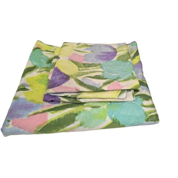 Vintage Cannon Tulip Floral Print Full Size Flat Sheet/Pillowcases - Picture 1 of 2
